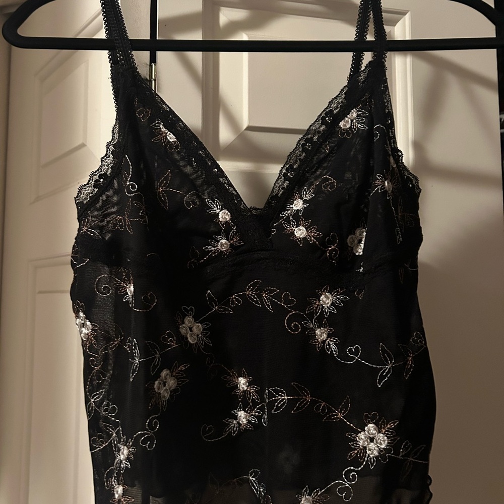 Free People Embroidered Black Lace Cami